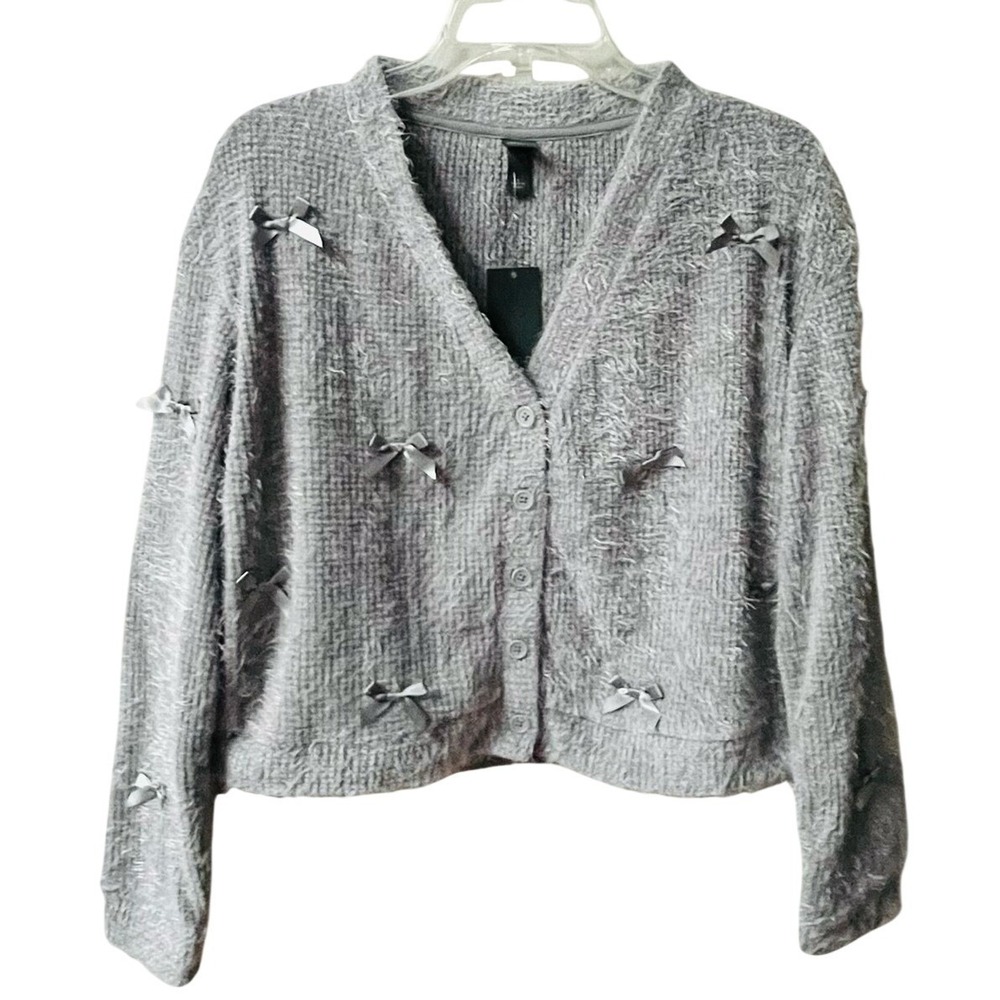 Wild Fable Light Gray Fuzzy V Neck Bow Embellished Cardigan Small New